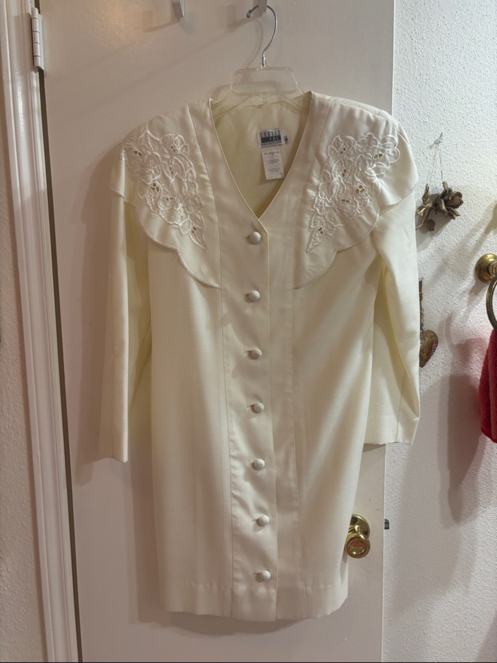 Cream Button-Front Dress with Embroidered Yoke